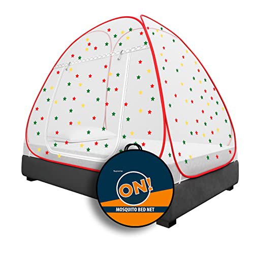 Image of KOLAR Supreme On Mosquito Net for Single Bed, 6.5 Feet X 4 Feet Premium Machardani with 30 Pair of Stars, Strong and Durable, 30 GSM, Tent Type, Foldable, Corrosion Resistant (Single Bed, Red)