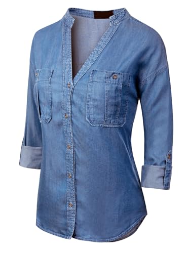 MixMatchy Women's Casual Basic Roll Up Sleeve Denim Chambray V-Neck Tencel Button Down Shirt2