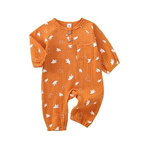 Himllauen Baby Halloween Clothes Toddlers Girls Romper Pumpkin Pattern Long Sleeve Jumpsuit My First Halloween Romper Bodysuit(Orange, 6-12 Months) Cover