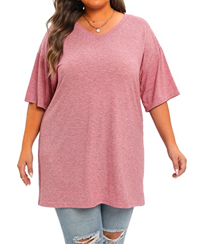 Plus Size Oversized T Shirts Women V Neck Half Sleeve Drop Shoulder Tshirt Casual Summer Tunic Tops 3X Pink #TOP1