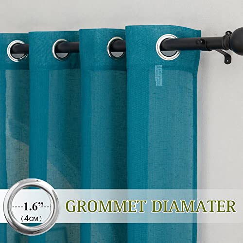 NICETOWN Linen Sheer Bedroom Curtains 72 inch Long, Grommet Top Casual Flax Semi Sheer Window Drapes Privacy with Light Filtering for Living Room, W52 x L72, Peacock Green, Set of 2