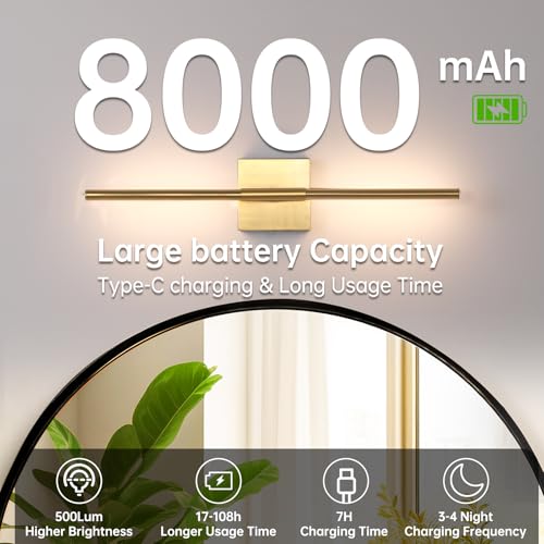 Image of Shenmoyl Battery Operated Wall Sconce Set of 2, 8000mAh Wireless Wall Sconces, 3000K-6000K Dimmable, 350Rotate, Indoor Wall Lights for Bedroom Living Room Bathroom, Gold, 23.6 Inch