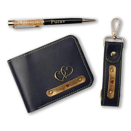 Image of Customised Leather Original Wallet with Pen, Keychain Gifting Hamper Set for Men with Name Plate, Personalized Purse Combo, Unique Stylish Gift for Husband, Birthday, Valentine's Day- Blue
