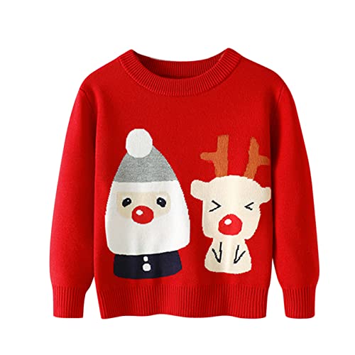 Warm Clothes for Little Boys Toddler Boys Girls Christmas Cartoon Santa Deer Prints Sweater Long Sleeve (Red, 5-6 Years)