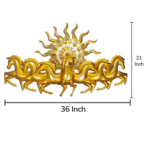Image of iHandikart 7 Running Horses Metal Wall Art with Sun | Pack of 1, 36 x 21 Inch | Golden Vastu Horse Wall Decor for Living Room, Luxury Iron Wall Hanging Sculpture for Home, Office, Hallway & Entrance, 3D Metal Wall Decoration