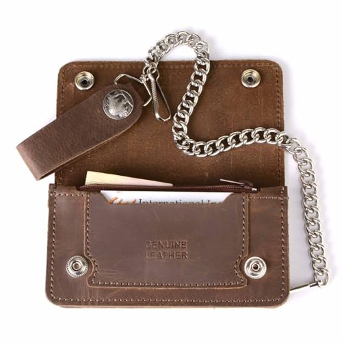 Milwaukee Leather MLW7827 Men's 6” Brown Leather Bi-Fold Biker Wallet w/Anti-Theft Stainless Steel Chain and Buffalo Nickel Snaps - 6 Inch4