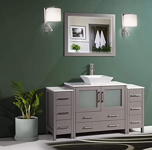 Vanity Art 60 Inch Single Sink Bathroom Vanity Compact Set 3 Cabinets 1 Shelf 8 Dove-Tailed Drawers Quartz Top And Ceramic Vessel Sink Bathroom Cabinet With Free Mirror Va3136-60-G #TOP2
