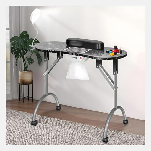 Escritorio plegable para uñas con colector de polvo integrado y lámpara LED USB, mesa de manicura portátil con ruedas para salón, spa, estación de trabajo