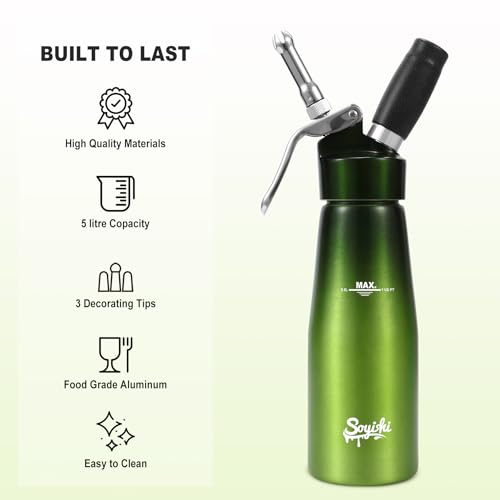 Cream Whipper Aluminum Professional Whip Cream Canister Heavy Duty Whipped Cream Dispenser with 3 STAINLESS STEEL Decorating Nozzles & Cleaning Brush Green by Soyishi - Image 6
