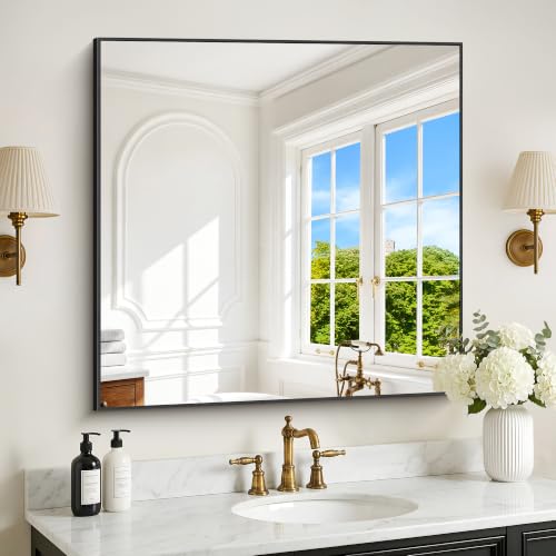 Image of DESBING 36 inch x 36 inch Bathroom Mirror, Black Metal Frame Wall Mirror | HD Image,Shatterproof Decorative Square Vanity Mirror for Bedroom Bathroom Living Room Entryway Horizontal or Vertical