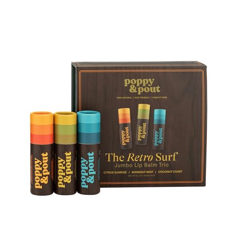 Jumbo Lip Balm Gift Set (3-Pack Retro Surf) | Poppy & Pout All Natural Lip Balms & Moisturizers | Hydrates with Beeswax Vitamin E Organic Coconut Oil | Cruelty-Free | Recyclable Cardboard Tube