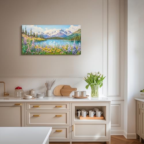 crmotu Colorful Wildflowers Large Wall Art, Lakeside Mountain Forest Landscape Paintings, Nature Wilderness Canvas Prints, Rustic Charm Pictures Wall Decor Living Room Bedroom Farmhouse 20x40 Inch