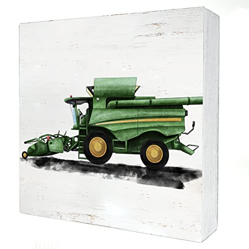 Image of Tractor Artwork Wood Box Sign Watercolor Farm Truck Wooden Box Sign Block for Wall Desk Home Boys Kids Bedroom Playroom Decoration