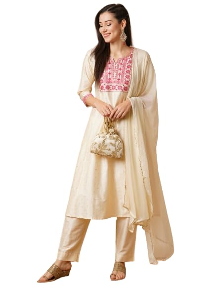 Image of Globus Women Ivory Floral Print A-Line Kurta Set With Trouser-3638388001