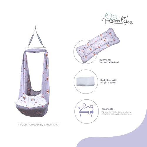 Image of Baby Cradle Swing for Newborns | Cotton Fabric Filled with Recron Fibre | Hanger Spring, Mosquito Net & Mattress with Insert Pocket | Jhoola, Thottil, Joli, Jokali, Onjal-Lt Mehendi (Grey)