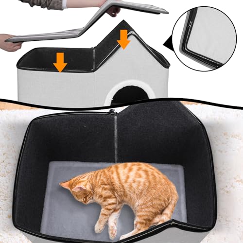 MASTERTOP Cat House for Indoor Cats, 2 in 1 Large Cat Cave with Removable Cushions, Multifunctional Cat Bed Hideaway for Indoor Small Medium Pets - Grey, 57 x 38.5 x 40cm - Image 4