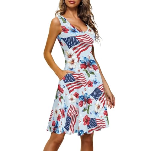 Image of Women's Casual Loose Sundress Midi Sleeveless Crewneck Dress Summer Beach Tank Dress with Pockets