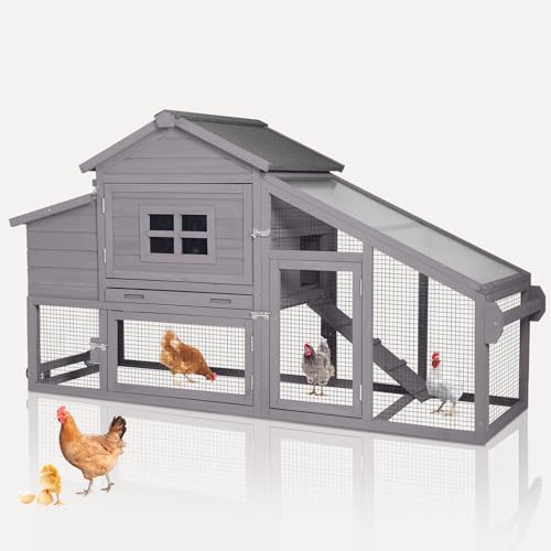 Aivituvin Chicken Coop Outdoor with Wheels and Nesting Box, Mobile Hen Duck House Wooden Poultry Cage with Run, Waterproof Roof (Grey)