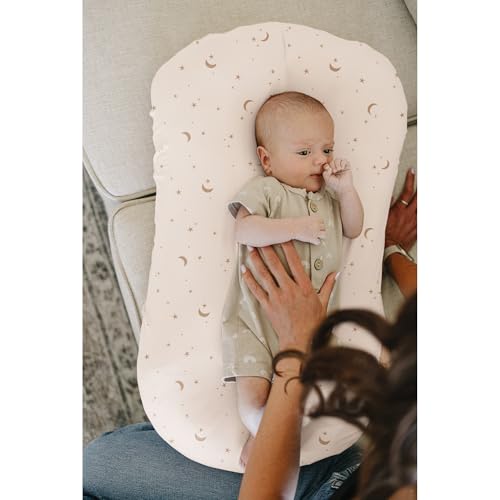 Image of Konssy 2 Pack Baby Lounger Cover, Stretchy Soft Infant Lounger Cover | For Baby Boys and Girls, Cover Set Only. Soft Breathable Fabric, Envelope Closure, Machine Washable, Coffee Check and Moon