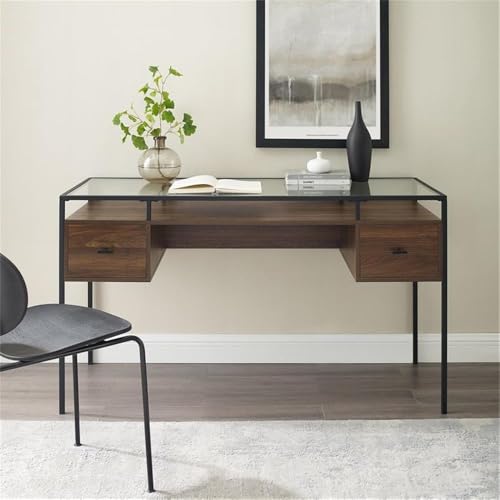 Walker Edison Furniture Glass-Top Computer Writing Desk, 56 Inch, Dark Walnut