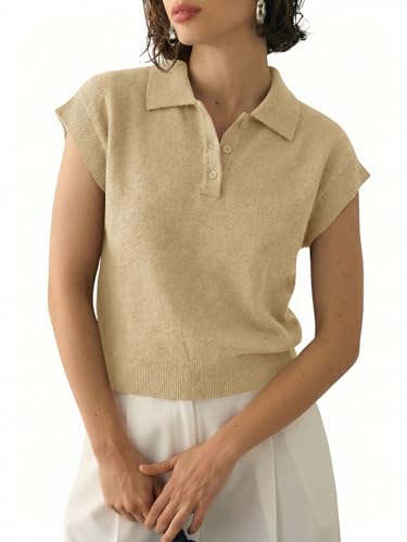 Image of Saodimallsu Womens Cap Short Sleeve Sweater Top Summer Polo Shirts Button Collared Knit Business Casual Pullover Sweater
