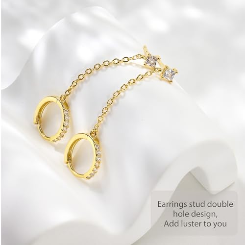 Double Piercing Chain Earrings for Women 18K Gold Plated S925 Sterling Silver Dangle Chain Huggie Hoop Earrings with Cubic Zirconia Stones Simulated CZ Stud Earrings3
