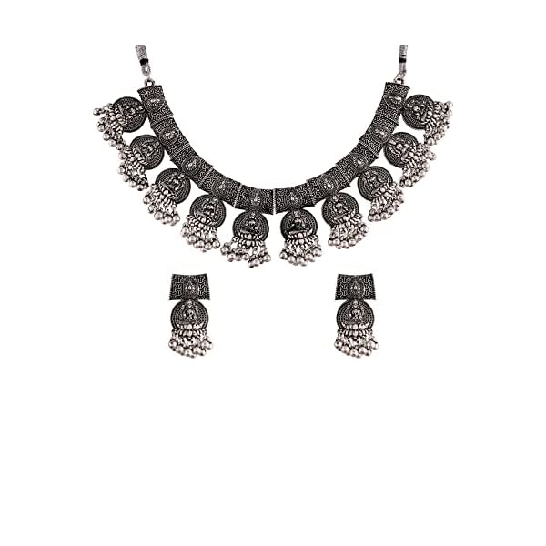 I Jewels Navratri Oxidised Silver Plated Afghani Choker Necklace Jewellery Set for Women (MC070)