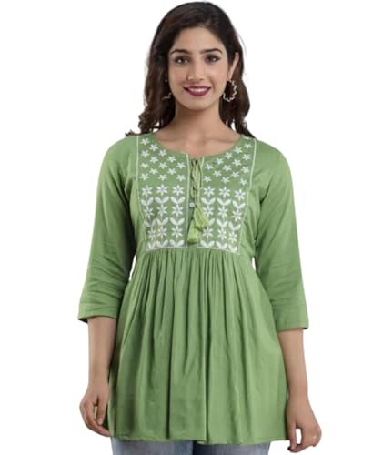 Image of Avayayat Women's Rayon Classic Heavy Embroidery Top with Beautifull Tassels at Front and on Both Sleeves Regular Fit Office Wear Festival Tunic Jeans Summer