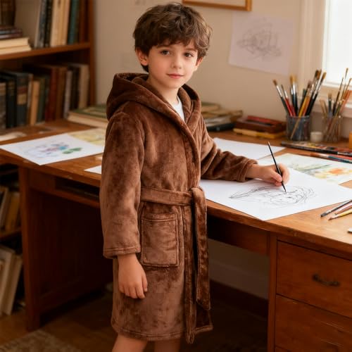 Image of Kids Bathrobe Hooded Plush Fleece Robe for Girls Boys