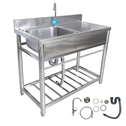 Grand éVier De Cuisine 1 Bac avec Plate-Forme D'Exploitation, Evier Exterieur avec Robinet Et Support, éVier Utilitaire Plonge Inox Autoportant pour Cuisine,...