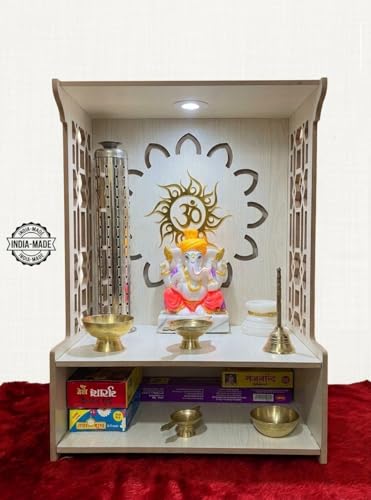 Image of Beautiful Wooden Pooja Stand for Home, Temple, Office, Wall Mounted Puja Mandir with LED Spot Light Size (L- 29 CM, W- 25 CM, H - 37.5 CM)
