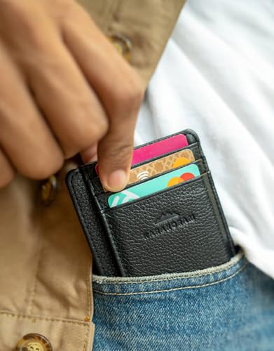 Image of KARAKORAM LEATHER Handcrafted Front Pocket Credit Card Holder with RIFD Blocking | Premium Cowhide | Artisan Made Slim Leather Wallet | Quick Access Thumb Push Slots for Cards and ID (Jet Black)