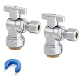 KAINGA Angle Stop Valve, 1/2' PTC x 3/8' OD Compression, Toilet Water Shut Off Valve for PEX, Copper, CPVC Pipe, Quarter-Turn Push to Connect Brass Plumbing Fitting with Disconnect Clip, 2 Pack
