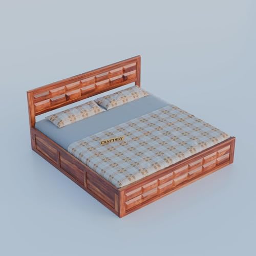 Image of Solid Sheesham Wood King Size Bed with Storage | Wooden Double Bed Cot for Bedroom & Home | Palang Double Bed with Designer Headboard | Honey Finish | 81 x 74 Inch