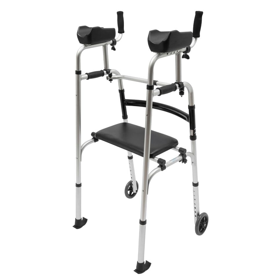 Mobility Walker con sedile, deambulatore verticale regolabile in alluminio per adulti, pieghevole e supporto per braccia per anziani e adulti