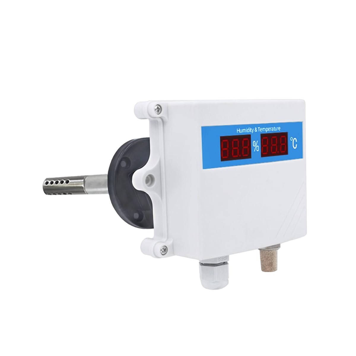 Transmisor de temperatura y humedad tipo conducto de aire con salida de 0-10 V, sonda celular y pantalla