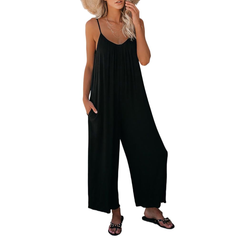 Combinaison longue femme col V Combinaison à jambes larges, poches et bretelles Coupe ample Style bohème Sans manches Tenue d’été