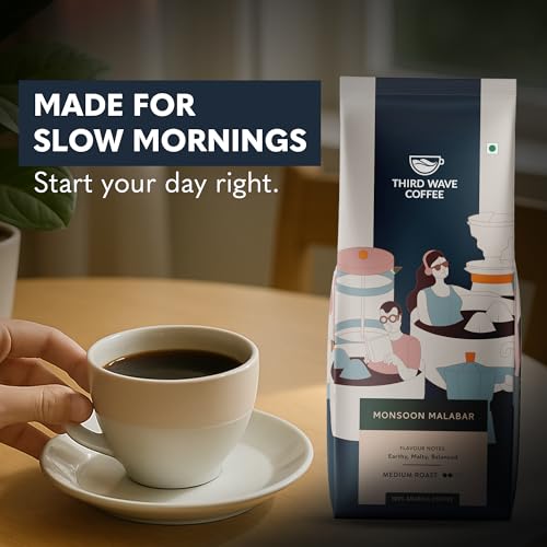 Image of THIRD WAVE COFFEE Arabica Monsoon Malabar Coffee, Medium Roast, Coarse Grind for French Press Style, 250g