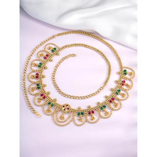 Image of Peora Traditional Gold Plated Rani Pink Green Synthetic Stone Studded Belly Chain Kamarband Ethnic Fashion Jewellery for Girls & Women