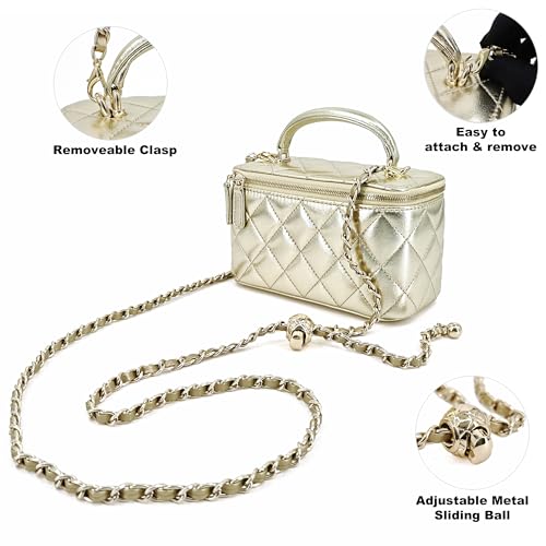 Image of M-ioi-M Small Genuine Leather Purse Quilted Crossbody Bag for Women, Mini Top-Handle Shoulder Handbag w /Gold Chain Strap