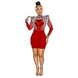 Women’s Sexy Club Outfits Glitter Sparkling Metallic Mesh Long Sleeve Shoulder Padded Tassels Clubwear Dresses Red XXL