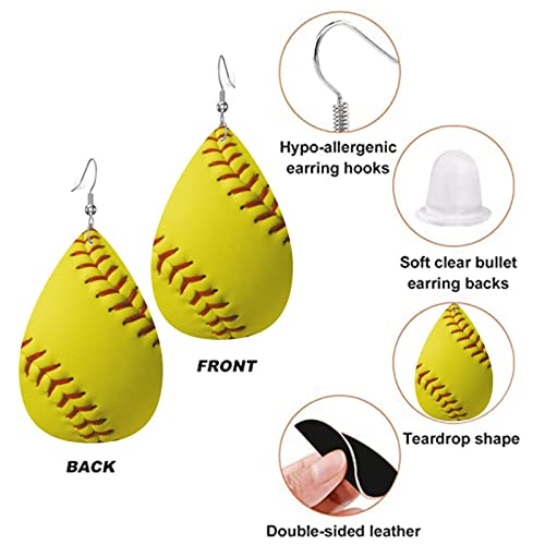 Yellow Softball Faux Leather Teardrop Earrings for Women Drop Dangle Earrings3