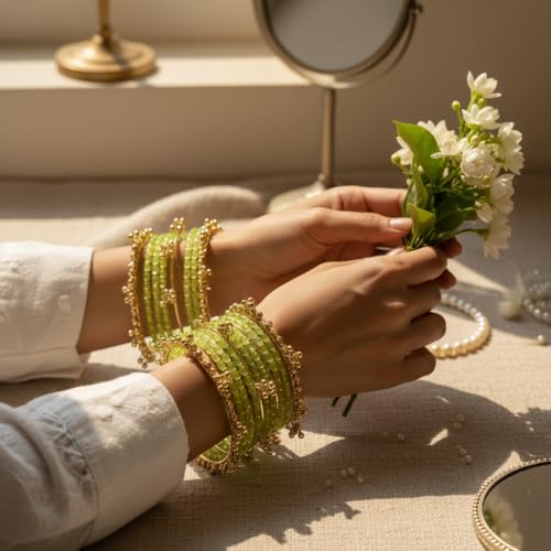 Image of Kashmiri Ghangharoo Glass Bangle Set for Women| Light Weight Bangles | Traditional Transparent Fancy Glass Chudi Set for Wedding, Party|Set Of 16(12 Glass + 4 ghungroo bangles)