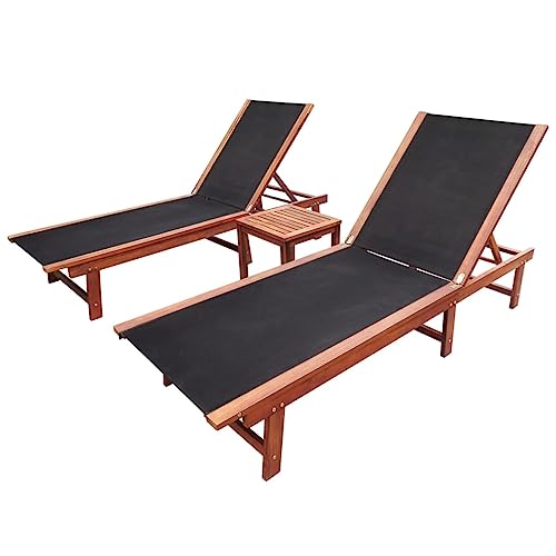 JHQHSM Juego de 2 tumbonas con mesa de madera de acacia maciza y tela textileno resistente, tumbonas ajustables para jardín y terraza, muebles de exterior
