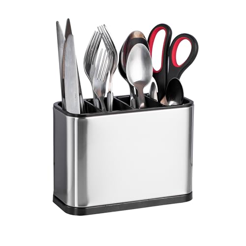 Innoteck Essentials Cutlery and Utensil Holder – Stainless Steel Kitchen Organizer with 4 Compartments, Anti-Slip Base, Removable Water Tray, Rustproof for Spoons, Forks, Knives