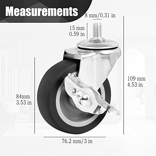 caster wheels 3 inch stem casters set of 4 heavy duty swivel wheel with brake metric size m8-125-15 screw diameter 8mm screw length 15mm casters for workbench trolley furniture dolly