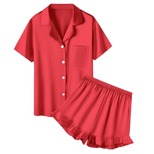 QZH.DUAO Girls Satin Pajamas Set Button Down 2 Piece Silk Pjs Shorts Set Ruffle Sleepwear Red 7-8 Years