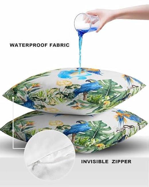 Waterproof Pillow Covers Pack of 2, Parrot Toucan Tropical Plant Outdoor Pillow Protectors with Zipper Pillowcases for Patio Tent Garden Beach, Green Banana Leaf Animals Square, 18X18
