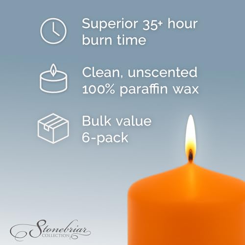 Image of Stonebriar Unscented Pillar Candles - 35 Hour Burn Time, Long-Lasting Wax Candles for Weddings, Holidays, Home Decor & Special Events, Pack of 6, Orange, 3 inch x 4 inch