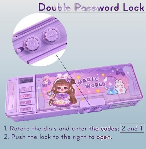 Image of Royals hub Plastic Galaxia Multifunctional Magic World Password Lock Double Sided Compass Box for Kids, Aesthetic Stationary Items, Baby Girl Theme Pencil Case Return Gifts for Kids, Purple